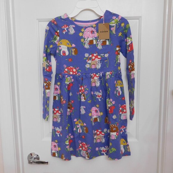NWT Mini Boden Mushroom House Frog Rabbit Mouse Print Dress sz 8-9 - Picture 1 of 1